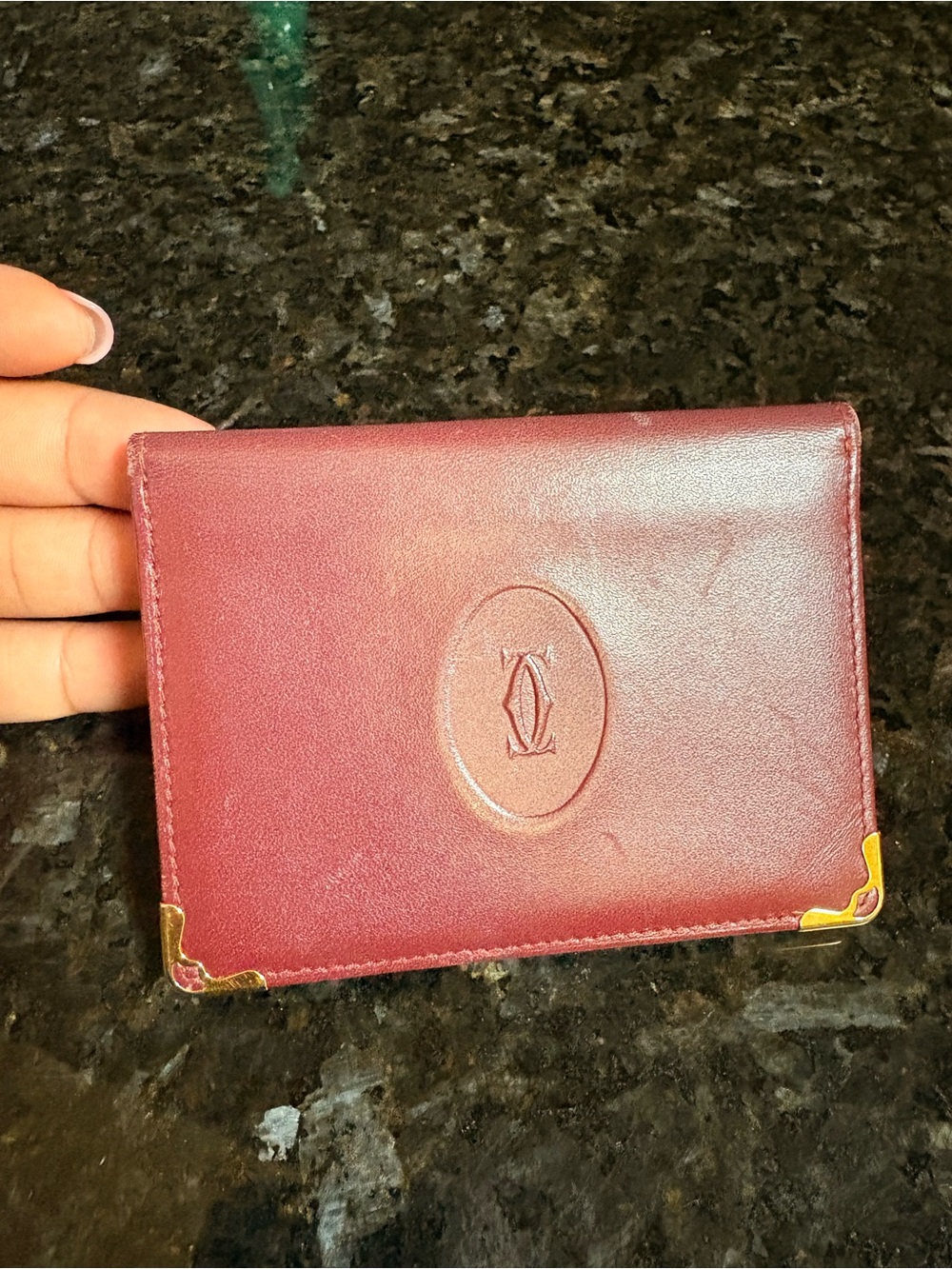 Cartier Burgundy Leather Card Holder with Gold Corners